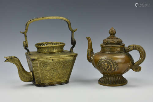 2 Bronze Teapots: Goose Spout, & Mythical Beasts