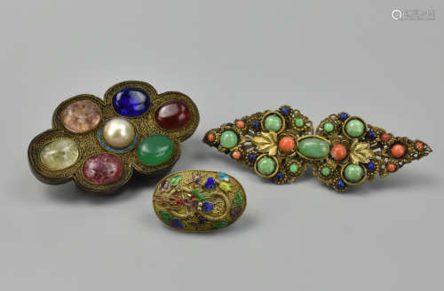 (3) Chinese Brooches/ Pins w/ Brass, Glass,Qing D.