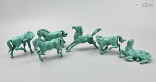 (6) Six Bronze & Turquoise Enamel Horses