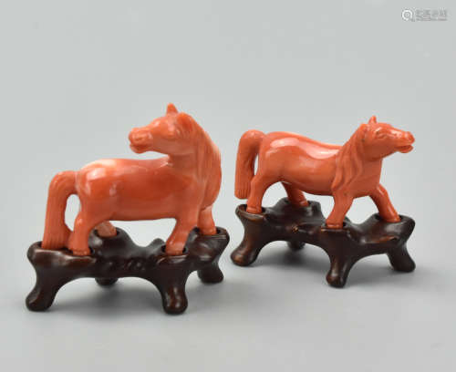 Pair of Chinese Mini Carved Coral Horses w/ Stands