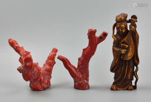 (2)Piece Carved Red Stone & (1) Carved Bone Figure