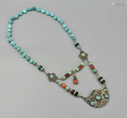 A Turquoise, Coral & Silver Necklace