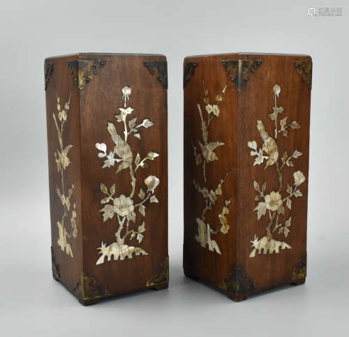 Pair of MOP Inlaid Wood Hat-Stand Birds,20th C.