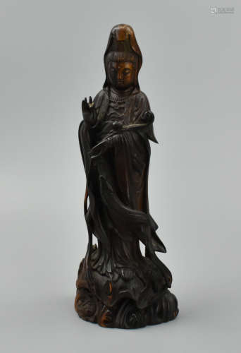 Chinese Carved Wooden Guanyin w/ Scepter, Qing .