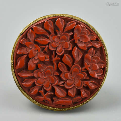 Chinese Round Carved Lacquer Pin/ Brooch