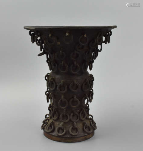 Chinese Bronze Gu Vase w/ 108 Hanging Rings,Ming D