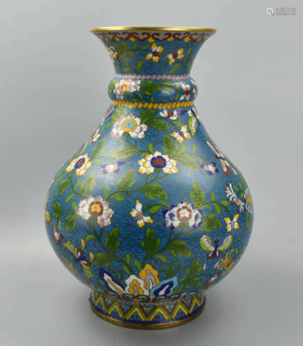 Large Chinese Cloisonne Vase w/ Butterfly &Flower