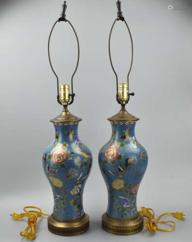 Pair of Chinese Cloisonne Bird&Flower Lamp, ROC P.