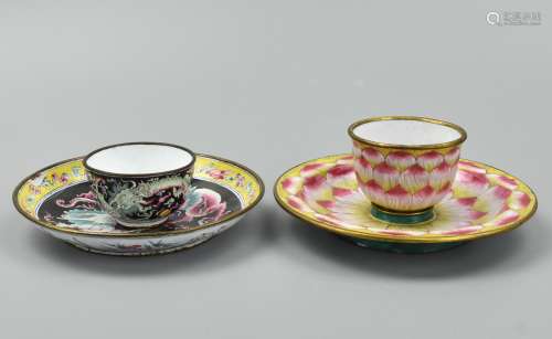 (2) Chinese Canton Enamel Cups & Saucers,Qing D.