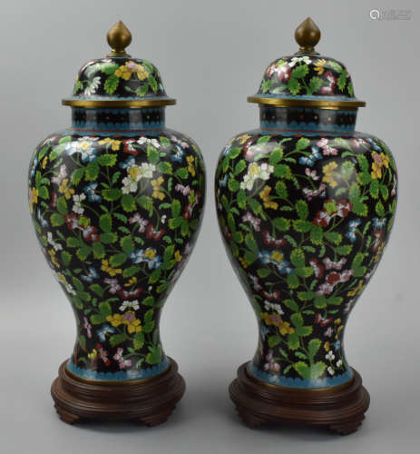 Pair of Chinese Cloisonne Vases w/ Covers, ROC P.