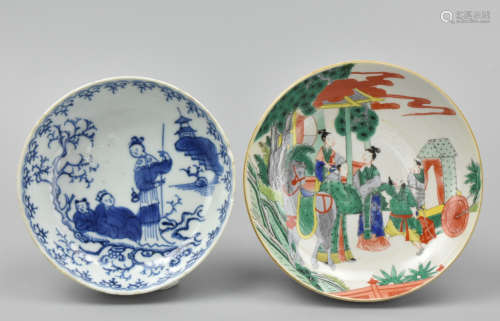 Chinese B&W & Famille Verte Dish:Figures,18-19th C