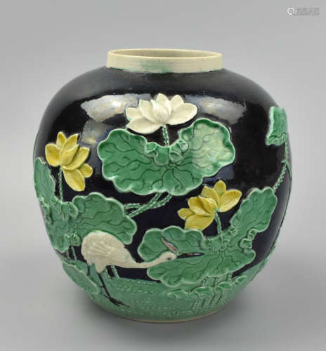 Chinese Sansai Glazed Jar w/ Lotuses&Crane,20th C.