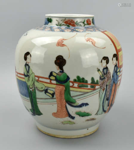 Chinese Wucai Glaze Jar w/ Women Meeting,19th C