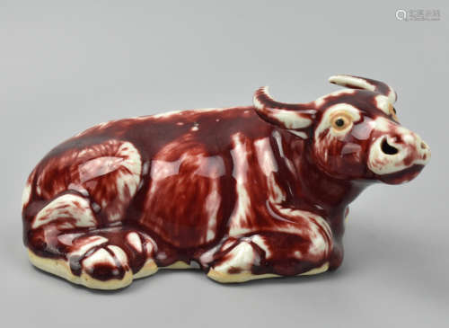 Chinese Red Glazed Porcelain Ox w/ Base,20th C.