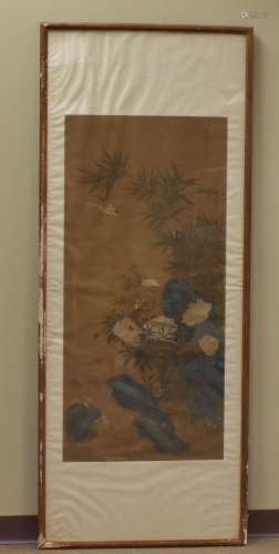A Chinese Painting of Bird & Chicks on Silk