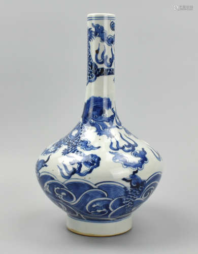Chinese Blue & White Dragon & Fish Vase,18-19th C.