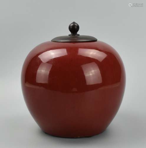 Chinese Red Glazed Jar w/ Wooden Cover,19th C.