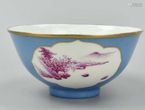 Chinese Blue&Carmine Bowl w/ Landscape, ROC period