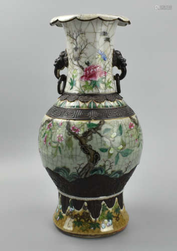Large Chinese Lobed Famille Rose Ge Vase,19th C.