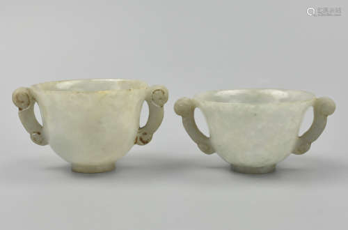 Pair of Chinese Hand Carved Jadeite Cups, Qing D.