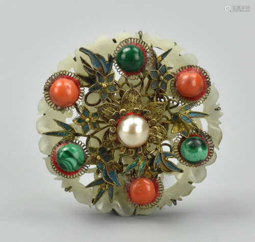 Chinese Jade, Silver, & Coral Brooch/ Pin,Qing D.