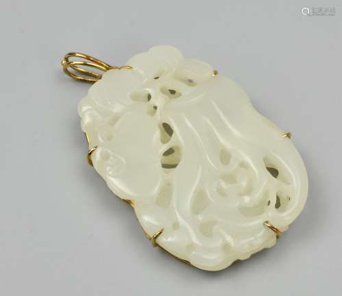 Chinese White Jade Pendant, 14K Gold, Qing D.