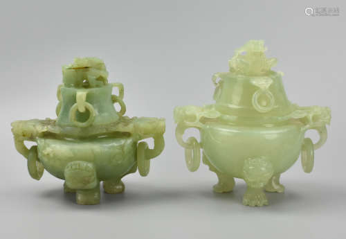 Two Carved Chinese Jadeite Tripod Censers,20th C.