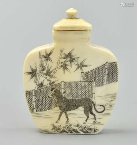 Chinese Bone Snuff Bottle w/ Hound &Text, Qing D.