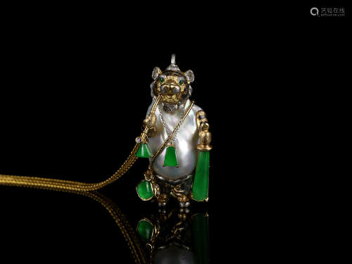 台湾工艺 天然巨型巴洛克珍珠配高冰正阳绿翡翠 18K金挂坠（含金链）
