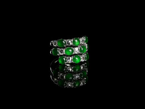 老坑玻璃种帝王绿蛋面翡翠复式排镶 18K金镶钻戒指