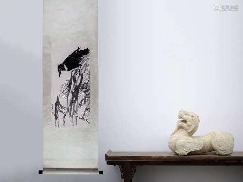 〓1966年著录·日本展览〓齐白石《松树喜鹊》