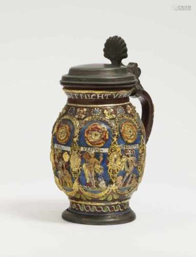 A Stoneware TankardCreussen, dated 1668 Brown, salt-glazed stoneware, embellished in enamels and