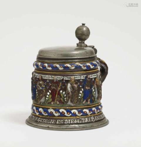 A Stoneware TankardCreussen, dated 1662 Brown, salt-glazed stoneware, embellished in enamels and