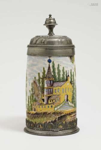 A Faience TankardCrailsheim, circa 1760/1770 Faience. Pewter cover and base. Ear-shaped handle