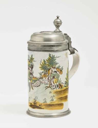 A Faience TankardCrailsheim, 2nd half of the 18th Century Faience. Pewter cover and base.