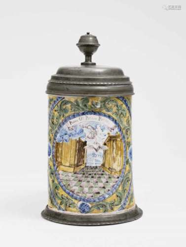 A Faience TankardNuremberg, mid-18th Century Faience. Pewter cover and base with Nuremberg hallmark.