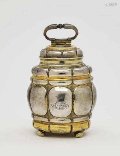 A Silver Screw-Top CanisterAugsburg, 1669 - 1679, Paul Solanier Silver, partly gilt. Eight-sided