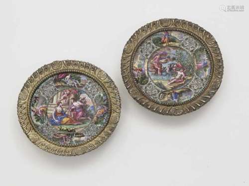 Two Saucers with Painted Enamel DecorationAugsburg, 1701 - 1705, Tobias Baur Silver, gold-plated.