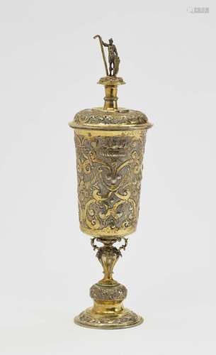 A Silver Cup and CoverUlm, 1609 - 1619, probably Hans Baur Silver, gold-plated. Tapering cylindrical