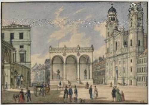 Gustav Kraus, 1804 Passau - 1852 MunichMunich - Odeonsplatz with the Feldherrnhalle Monogrammed