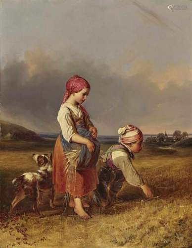 Johann Matthias Ranftl, 1804 - Vienna - 1854Second Harvest Two children with dog in harvested