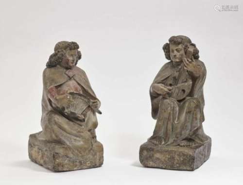 A Pair of Angels with Musical InstrumentsFrance (?), circa 1500 Limestone, polychrome painting, some