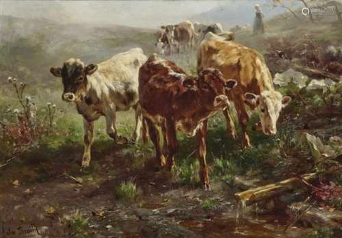 Anton Braith, 1836 - Biberach/Riß - 1905Young Cattle at the Source Signed lower left, inscribed