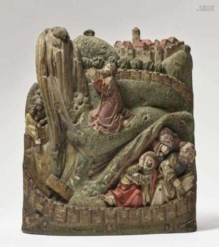 Christ Praying in GethsemaneUpper Swabia, circa 1500 Limewood relief with old polychrome painting,