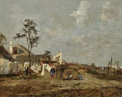 Tina Blau, 1845 - Vienna - 1916Washerwomen in Front of a Village Verso, label with numbering 479.