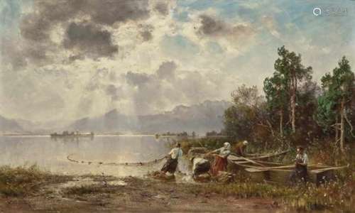 Josef Wopfner, 1843 Schwaz am Inn - 1927 MunichChiemsee Fisherman Hauling in the Nets The island