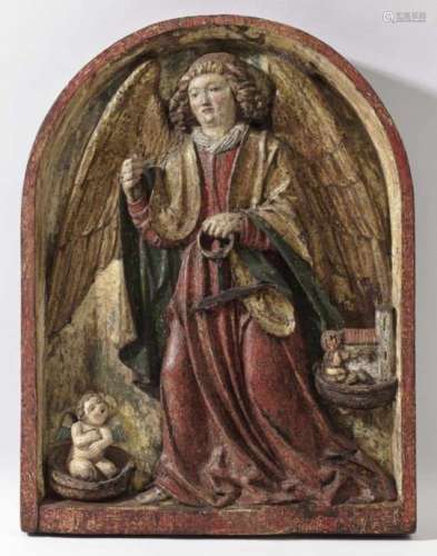 Saint MichaelTyrol (?), early 16th Century Hardwood relief. Retouched polychrome painting. Arched