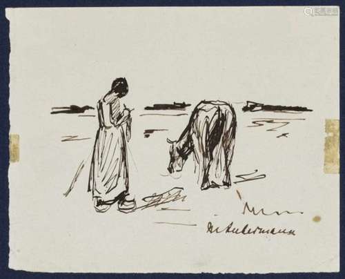 Max Liebermann, 1847 - Berlin - 1937Girl with a Cow Signed lower left. Ink drawing on paper. 9.3 x