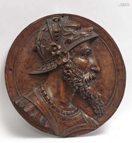 A Tondo2nd half of the 16th Century Walnut relief, minor damage. Diameter 33 cm.Portrait,