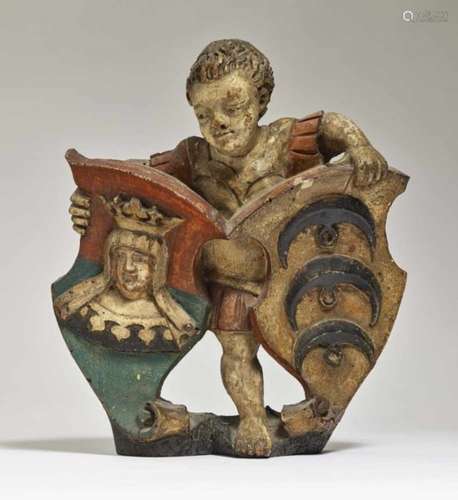 A Armorial CartoucheAllgäu (Kempten), circa 1575 Limewood relief. Old polychrome painting,